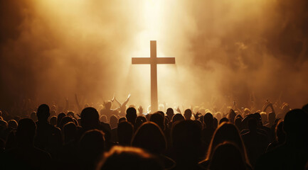 Large crowd of people praying to god and Jesus in front of the Cross
