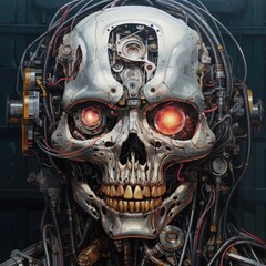 Futuristic robotic skull with glowing red eyes
