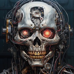 Fototapeta premium Futuristic robotic skull with glowing red eyes