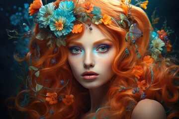 Enchanting portrait of a woman with vibrant red hair and floral crown
