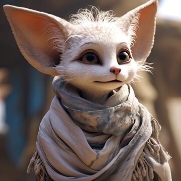 Cute furry animal with large ears and scarf