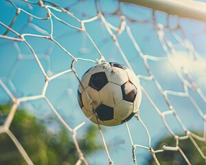 Soccer ball in goal and goal net, football High quality AI generated image