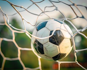 Naklejka premium Soccer ball in goal and goal net, football High quality AI generated image