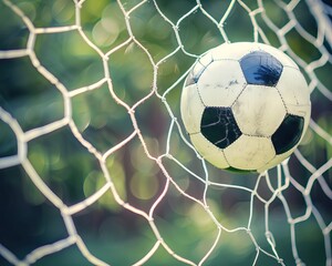 Soccer ball in goal and goal net, football High quality AI generated image