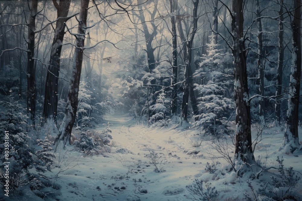 Poster a painting of a snowy forest with trees and a path