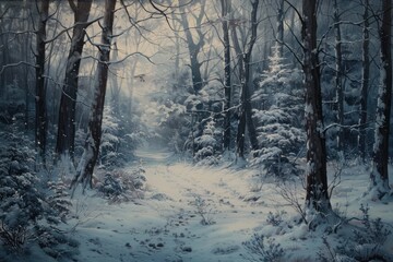 A painting of a snowy forest with trees and a path