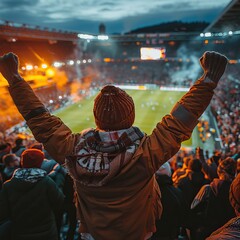 Sport match. Football, soccer fans cheering with colorful scarfs at crowded stadium at evening time. Sport, cup, world, team, event, competition. High quality AI generated image