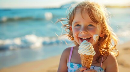 Happy little girl enjoying a vanilla ice cream cone on a sunny beach