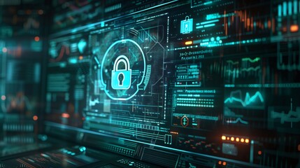 Fototapeta premium Intricate Digital Circuit with a Glowing Lock of Secrecy, Cryptographic Core. Internet cyber security concept