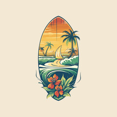Surfboard with tropical island and palm trees, vector illustration.