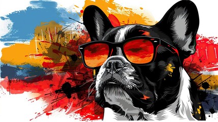 A cool French bulldog wearing sunglasses with an artistic colorful background.