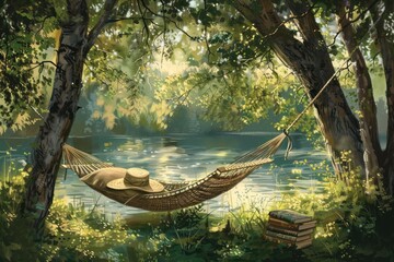 A painting of a hammock with a hat on it and a book next to it