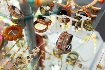 Jewelry shop with necklaces and bracelets displayed for sale