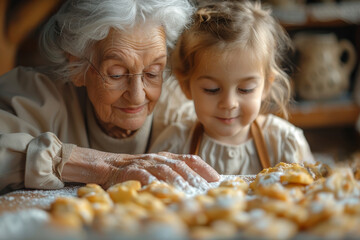 Upper body shot of an elderly lady and her grandchild baking cookies together in a cozy kitchen.. AI generated.