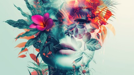 Abstract art portrait of young beautiful woman with colorful flower on face. Contemporary art of pretty female represent bright spring garden with nature human and beauty young femininity. AIG42.