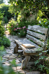 Naklejka premium Rustic wooden bench in a garden with a book