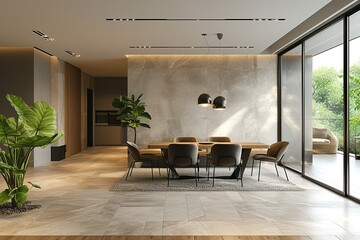 Modern interior design of apartment, dining room with table and chairs, empty living room with beige wall, panorama