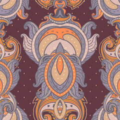 Floral paisley indian vector colorful ornate seamless pattern. Hand drawn design in ethnic Indian style. Mystic abstract background, hippie and boho texture. Occult and tribal fusion trippy wallpaper.