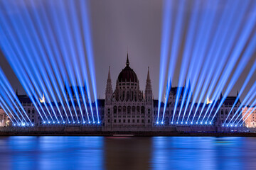 Lights show in Budapest. Parliament building