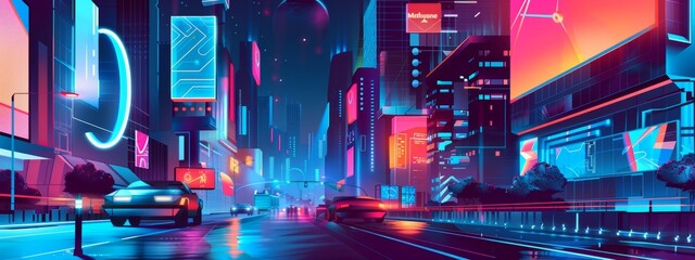 A vibrant illustration of a futuristic cityscape with Midjourney AI's logo prominently displayed on a billboard.