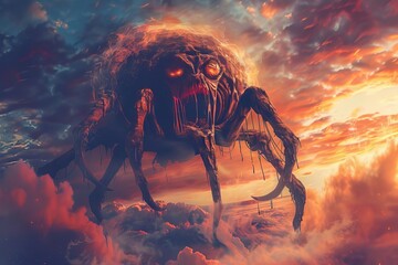 melting spider ghost monster bulging eyes and lolling tongue eerie clouds and sunset background horror creature concept illustration