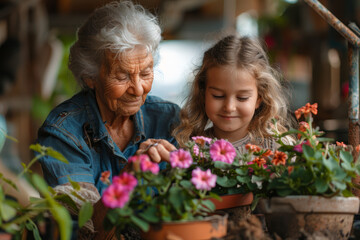 Upper body shot of a happy elderly lady and her grandchild engaging in planting petunias in a clay pot.. AI generated. - obrazy, fototapety, plakaty