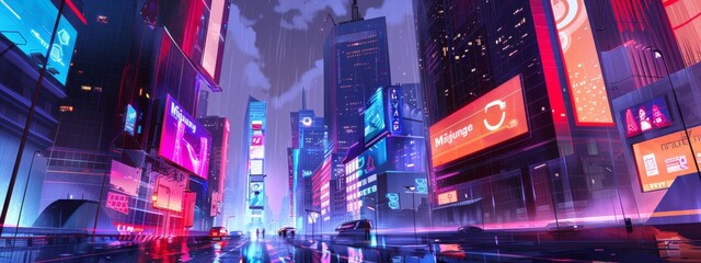 A vibrant illustration of a futuristic cityscape with Midjourney AI's logo prominently displayed on a billboard.