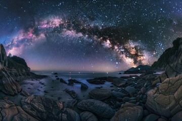 milky way galaxy over rocky beach panoramic astrophotography landscape