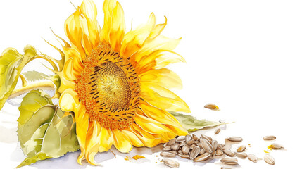 Blooming sunflower and its ripe seeds on a white background. Imitation of a watercolor drawing.