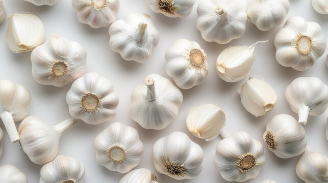 fresh whole garlic bulbs arranged neatly on a white background