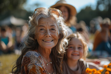 Upper body shot of a joyful elderly lady with her grandchild laughing during an outdoor picnic. AI generated.