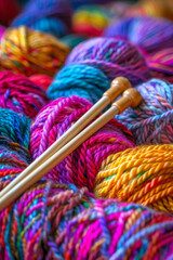 Pile of colorful yarn with knitting needles
