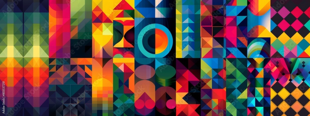 Poster abstract geometric patterns in vibrant colors for use as backgrounds or overlays.