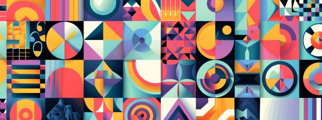 Abstract geometric patterns in vibrant colors for use as backgrounds or overlays.