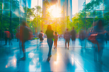 Blurred people walking fast movement in glass office with green environment and trees, Green environment in corporate building