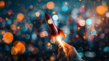 Rocket launching out of a hand. Business, startup, technology, online marketing and success concept. Bokeh effect in the background.