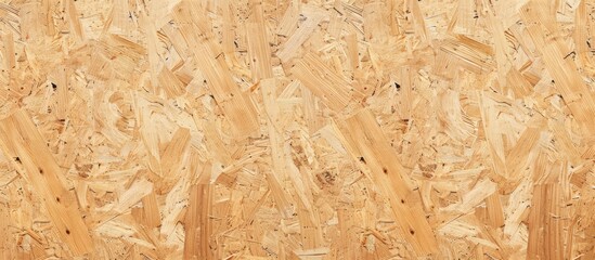 Close-up texture of oriented strand board - OSB wood displayed on a pressed wooden panel background.