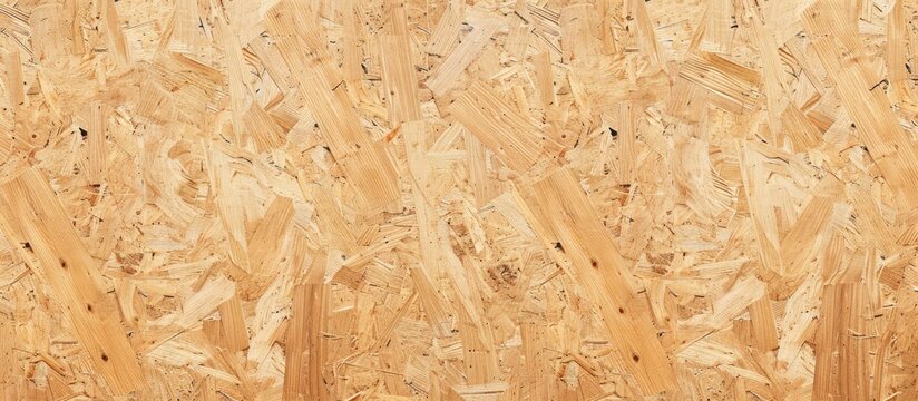 Close-up texture of oriented strand board - OSB wood displayed on a pressed wooden panel background.