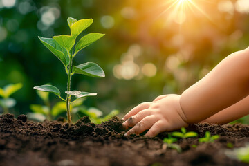 Close up of child hands Planting young tree. National tree planting day. Save Earth concept