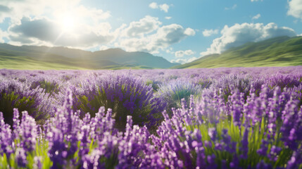 Naklejka premium Tranquil Lavender Field with Sunlight and Mountain Backdrop