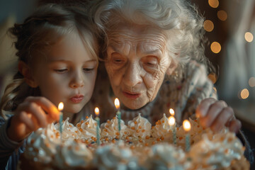 Naklejka premium Upper body shot of an elderly woman and her grandchild blowing out candles on a birthday cake. AI generated.