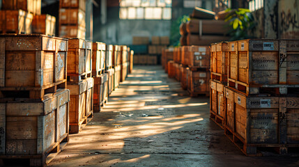 A warehouse with many wooden boxes stacked on top of each other