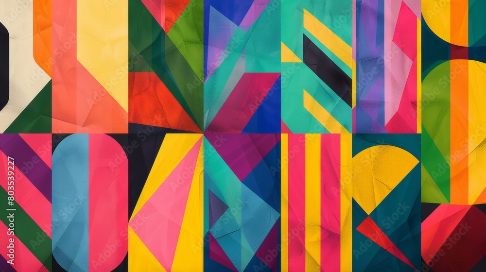 Poster abstract geometric patterns in vibrant colors for use as backgrounds or overlays.