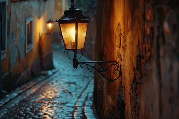 Old-fashioned gas streetlamp in a cobblestone alley