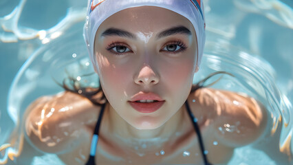 Streamlined Aquatic Style: Swim Cap on Asian Swimmer, Hydrodynamic Precision: Asian Athlete in Swim Cap, Aquatic Elegance: Swim Cap for Asian Swimmer, Dynamic Aquatics: Asian Swimmer in Swim Cap