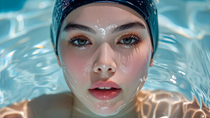 Streamlined Aquatic Style: Swim Cap on Asian Swimmer, Hydrodynamic Precision: Asian Athlete in Swim Cap, Aquatic Elegance: Swim Cap for Asian Swimmer, Dynamic Aquatics: Asian Swimmer in Swim Cap