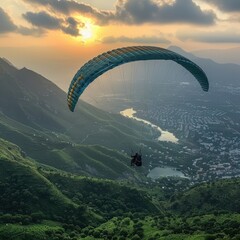 Someone paragliding above the sky between mountains, sunset rays and beautiful beaches, extreme sports wide angle objects amaze the eye