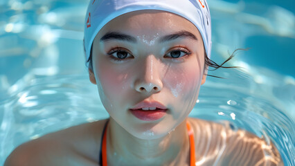 Streamlined Aquatic Style: Swim Cap on Asian Swimmer, Hydrodynamic Precision: Asian Athlete in Swim Cap, Aquatic Elegance: Swim Cap for Asian Swimmer, Dynamic Aquatics: Asian Swimmer in Swim Cap