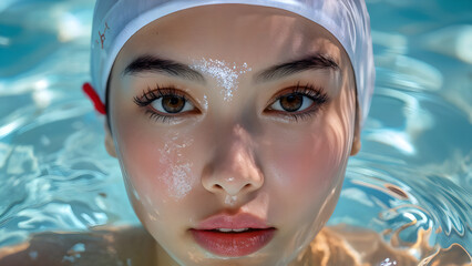 Streamlined Aquatic Style: Swim Cap on Asian Swimmer, Hydrodynamic Precision: Asian Athlete in Swim Cap, Aquatic Elegance: Swim Cap for Asian Swimmer, Dynamic Aquatics: Asian Swimmer in Swim Cap