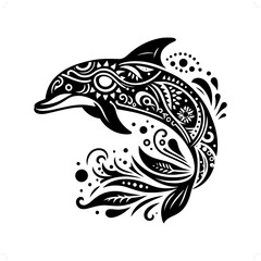 Dolphin silhouette in bohemian, boho, nature illustration